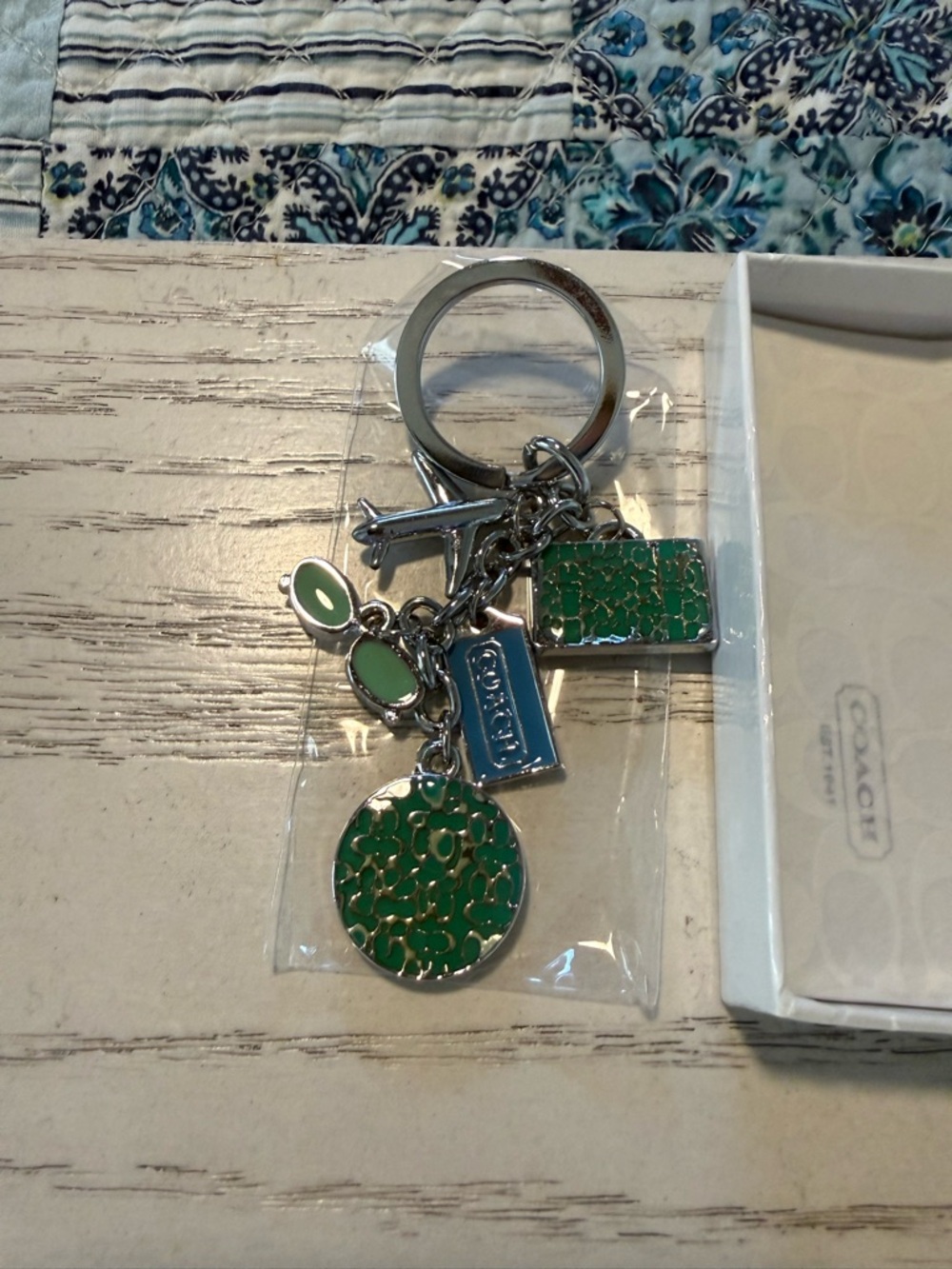 Coach Silver-Tone Keyring with Green Enamel Charms